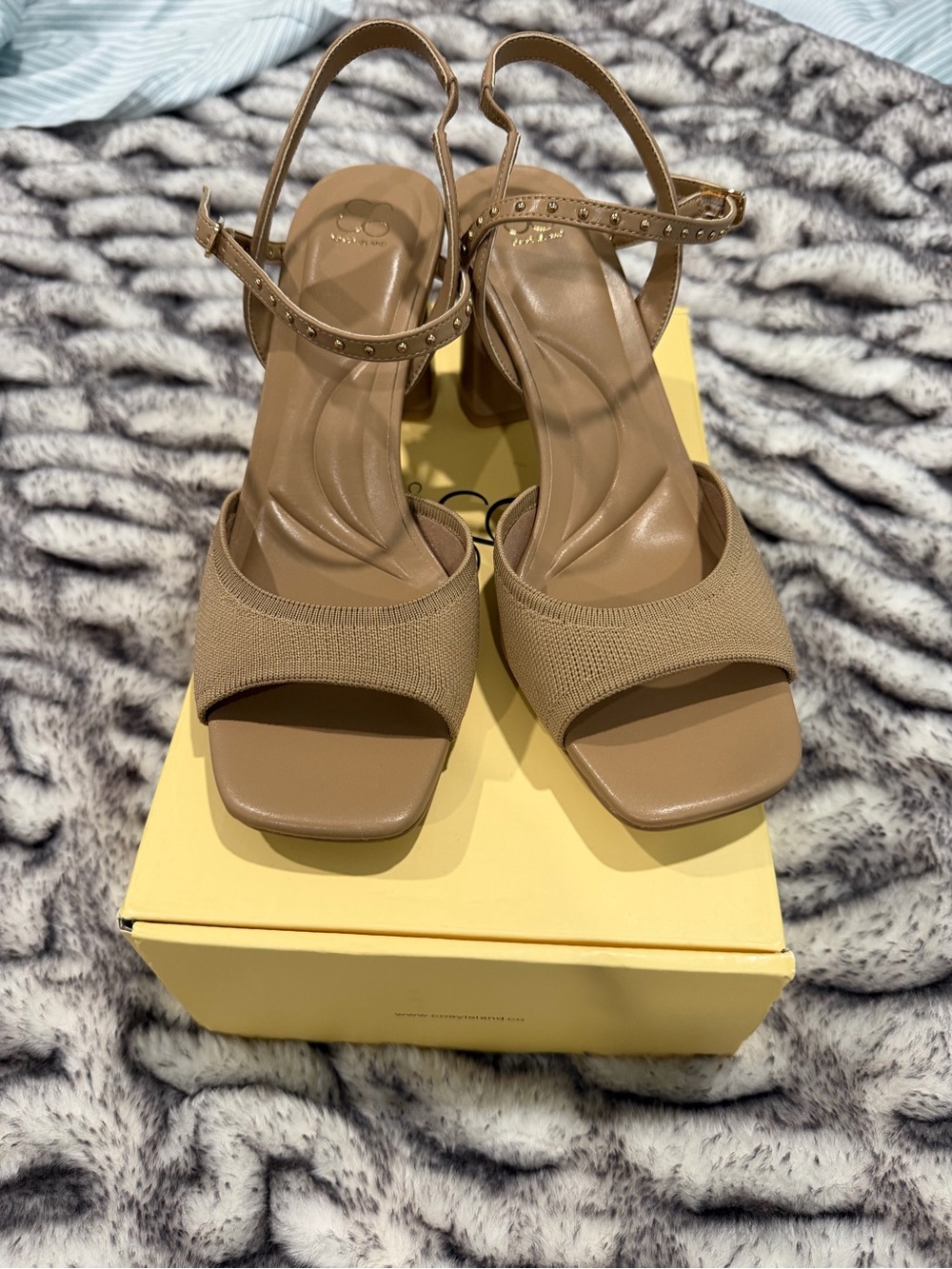 Sleek Beige Slingback Block Heels with Studded Ankle Strap